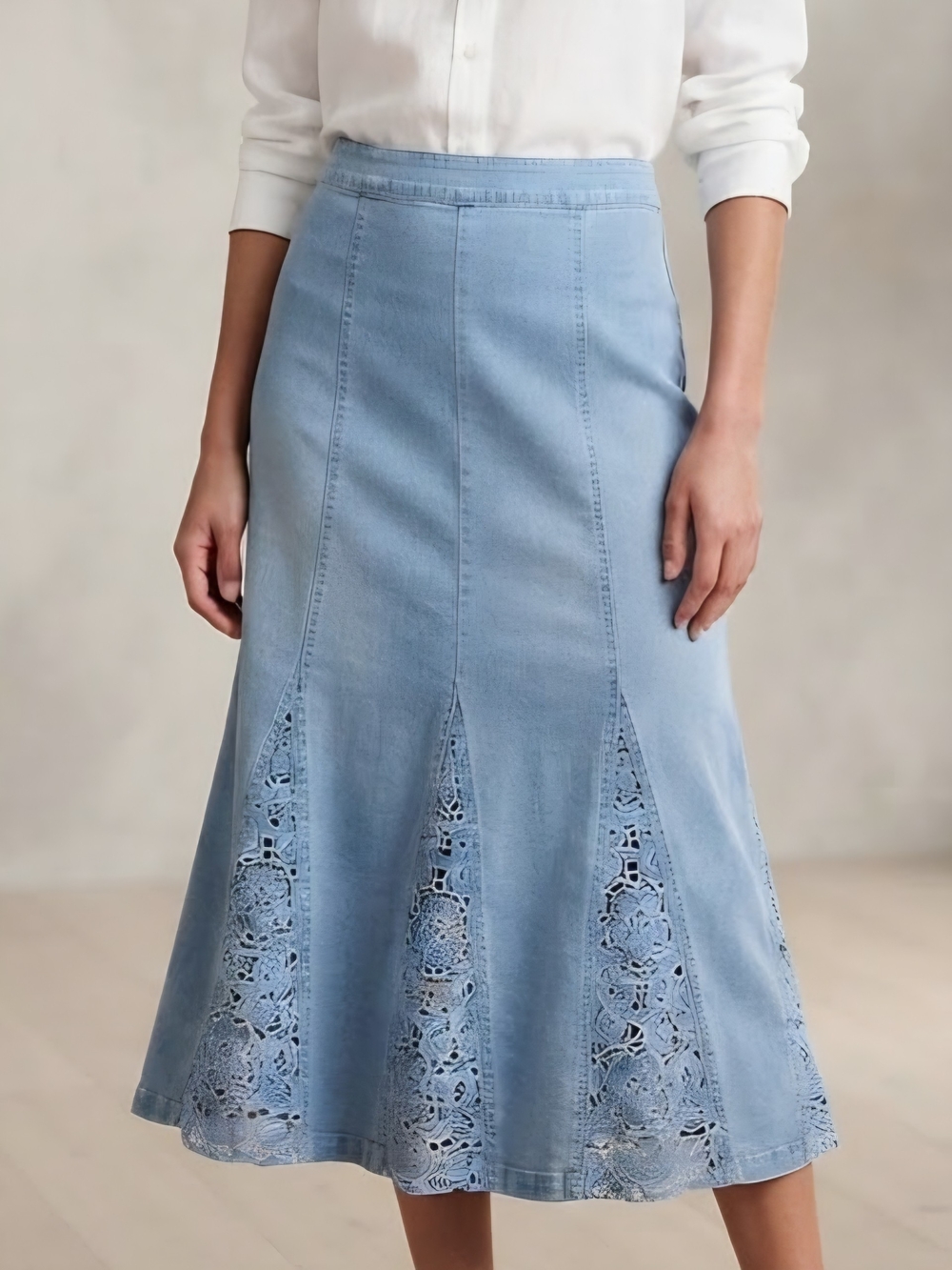 Nakady Vintage Light Blue Lace-Panel A-Line Midi Skirt Size 18